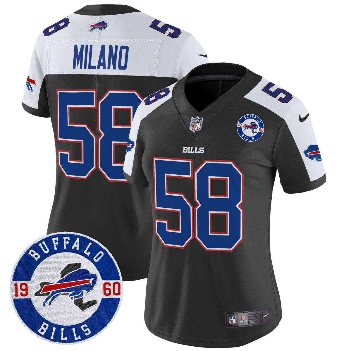 Women's Buffalo Bills 2024 Vapor Limited Jersey - Est. 1960 Patch - All Stitched - Black Alternate - Matt Milano — view 1
