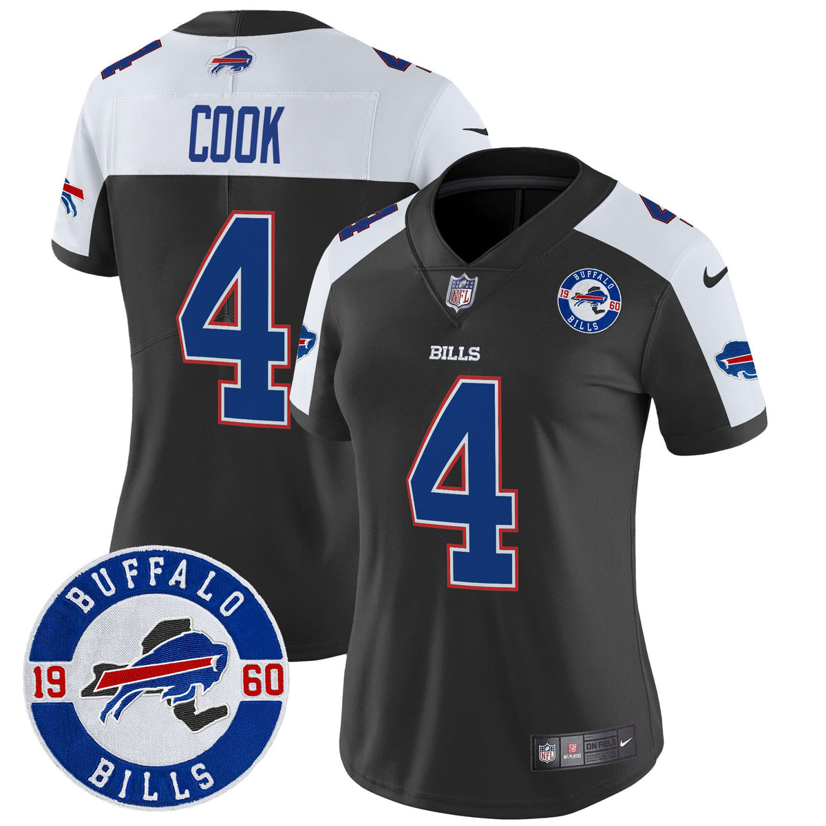 Women's Buffalo Bills 2024 Vapor Limited Jersey - Est. 1960 Patch - All Stitched - Black Alternate - James Cook — view 1