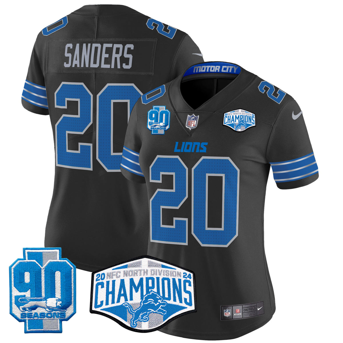 Women's Detroit Lions 2024 NFC North Division Champions Patch Vapor Limited Jersey - All Stitched - Black - Barry Sanders — view 1