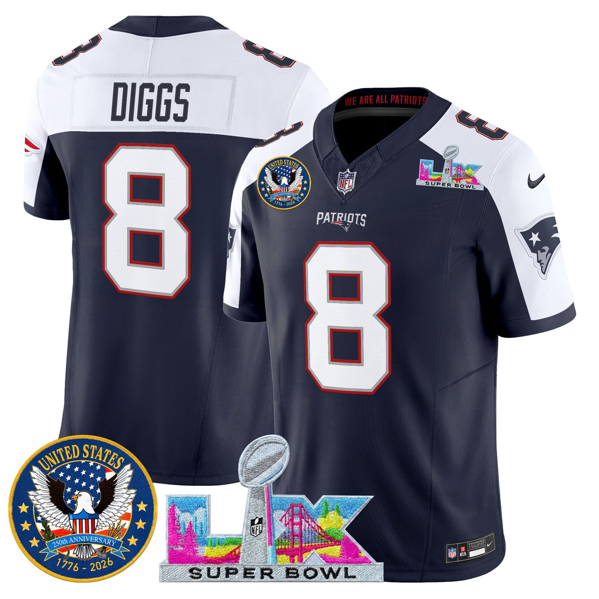 Men's New England Patriots Super Bowl LX & United States 250th Patch Vapor Limited Jersey - All Stitched - Navy Alternate - Stefon Diggs — view 1