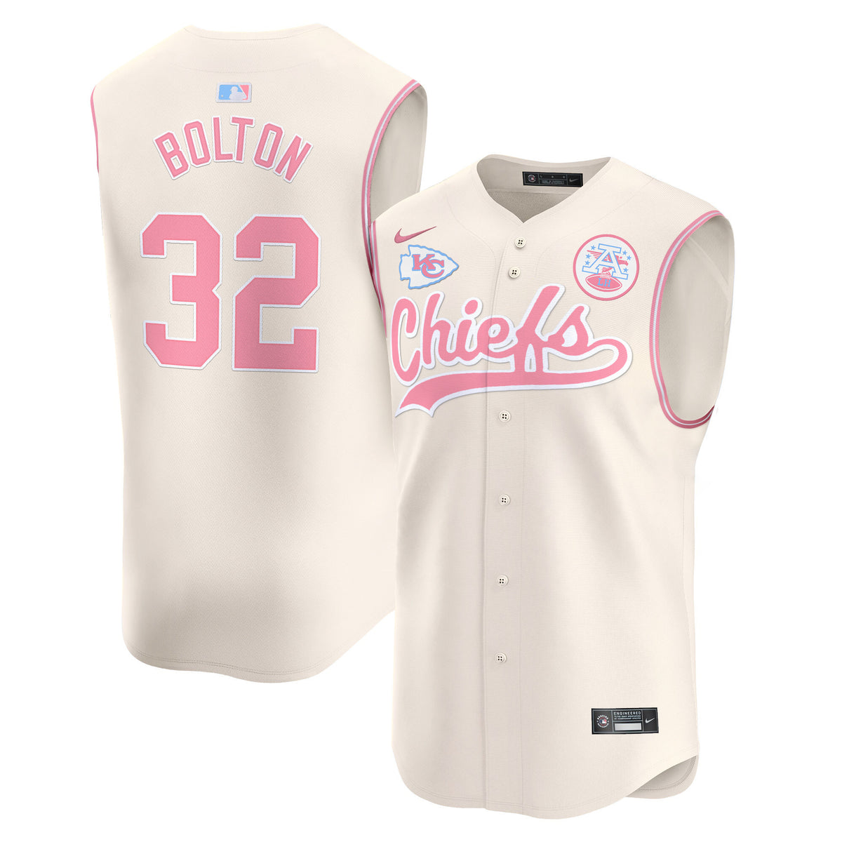 Unisex Chiefs Bubblegum Pink Vapor Premier Sleeveless Jersey - All Stitched - Cream - Nick Bolton — view 1
