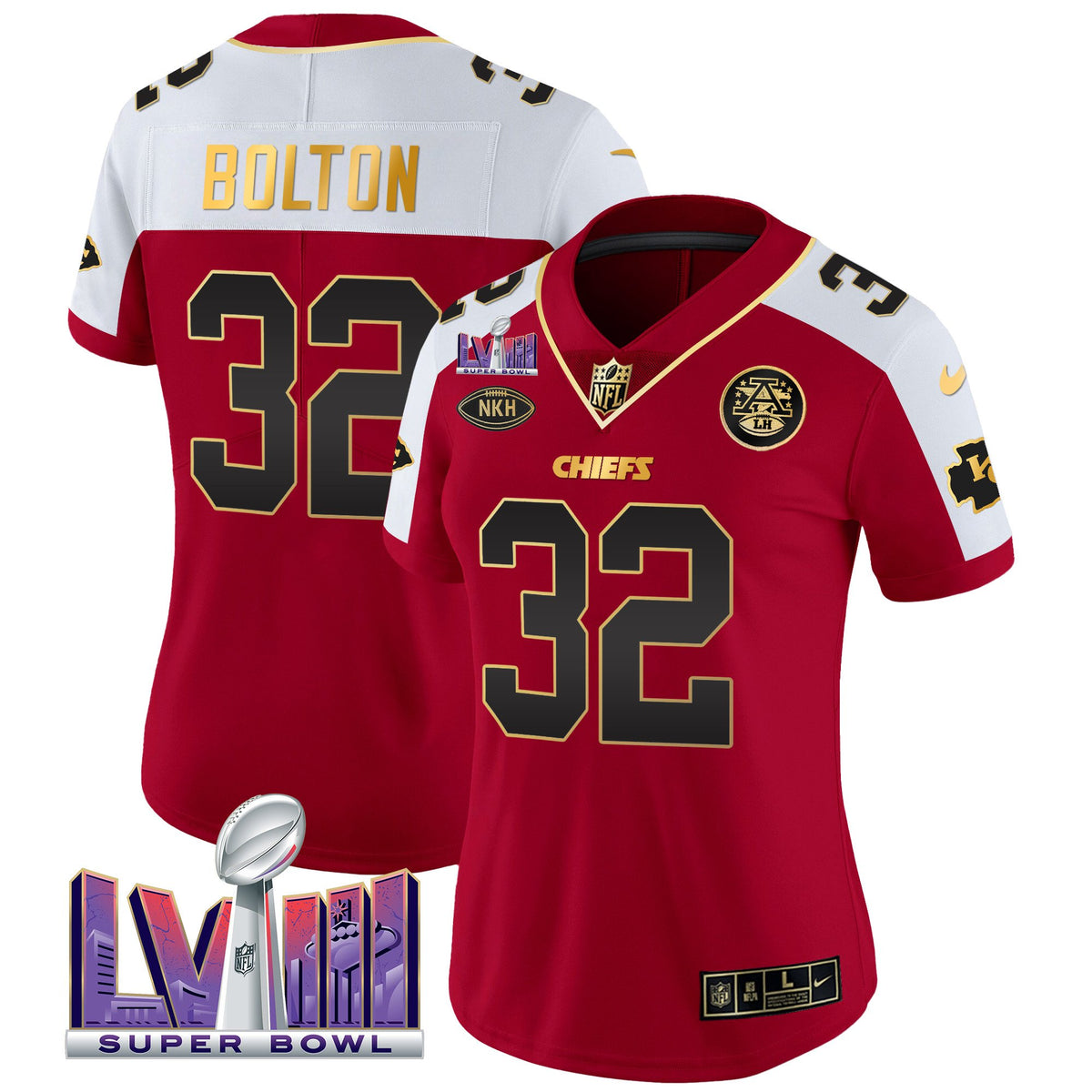 Women's Chiefs Super Bowl LVIII Patch Vapor Jersey V2- All Stitched - Red Alternate - Nick Bolton — view 1