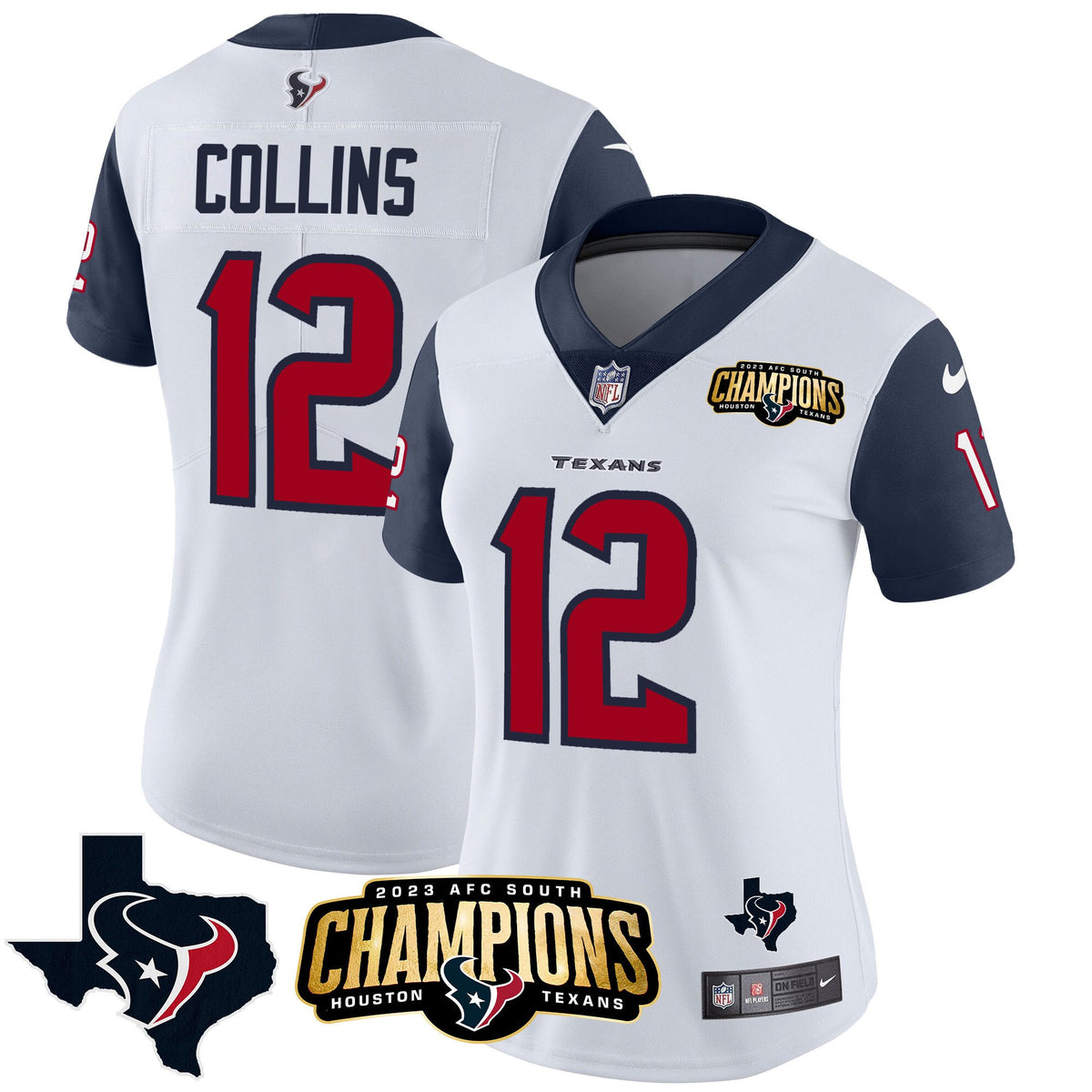 Women's Houston Texans 2023 AFC South Champions Patch Vapor Jersey - All Stitched - Navy Sleeves - Nico Collins — view 1