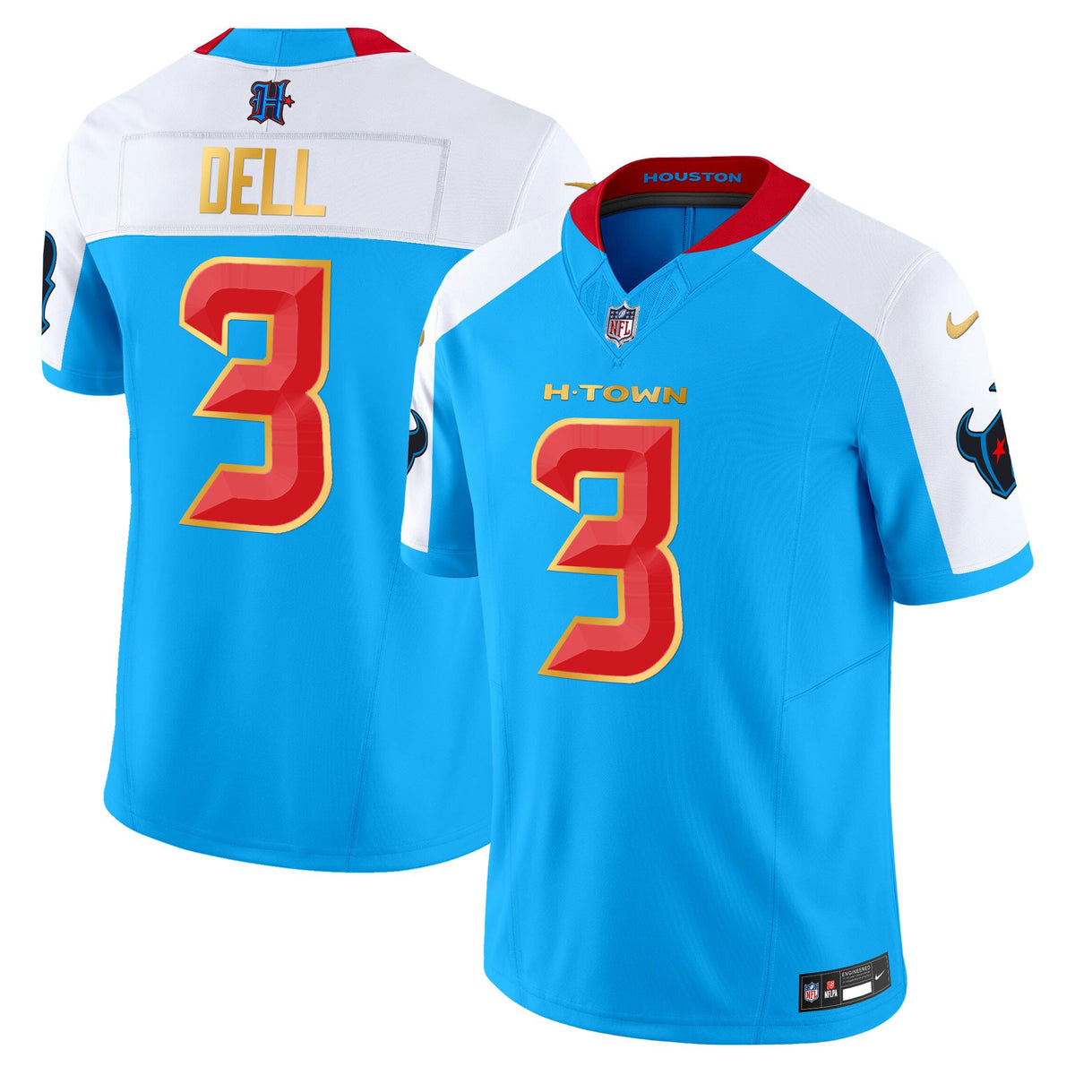 Men's Houston Texans 2024 Gold Trim Vapor Limited Jersey - All Stitched - Blue Alternate - Tank Dell — view 1