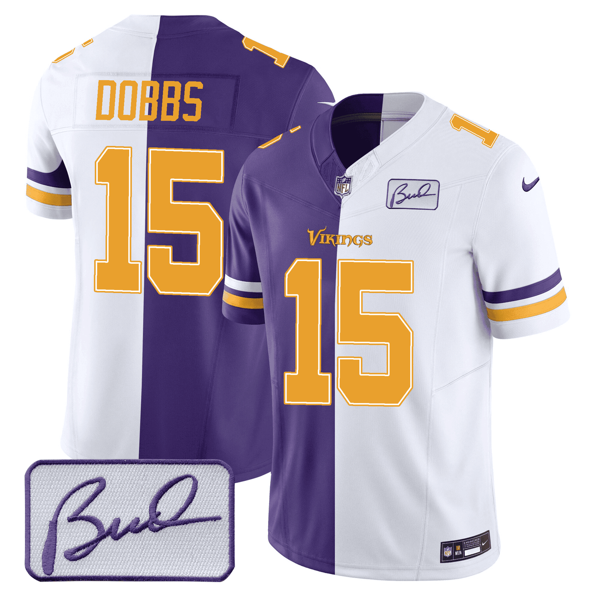 Men's Minnesota Vikings Bud Grant Patch Purple White Split Jersey - All Stitched - Josh Dobbs - Split — view 1