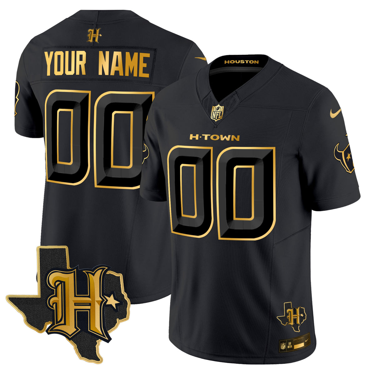 Houston Texans 2024 Texas Patch Gold Vapor Limited Custom Jersey - All Stitched - Black Gold — view 1