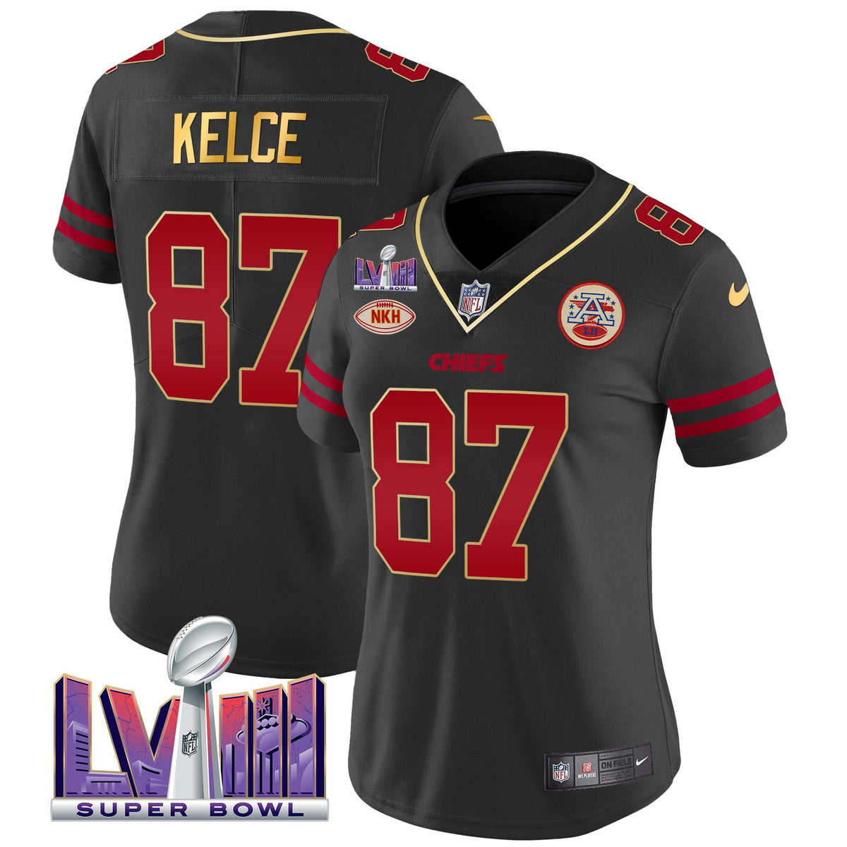 Women's Chiefs Super Bowl LVIII Patch Vapor Jersey V2- All Stitched - Gold Trim - Travis Kelce — view 1