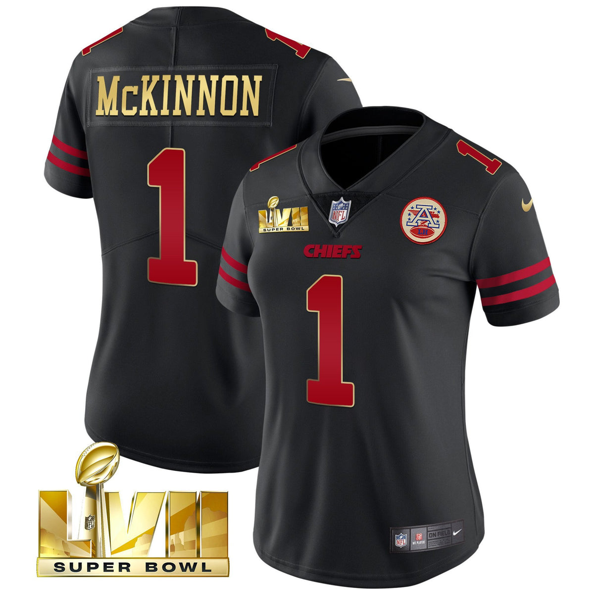 Women's Chiefs Super Bowl LVII Red Gold Vapor Jersey - All Stitched - Black Gold Trim - Jerick McKinnon — view 1