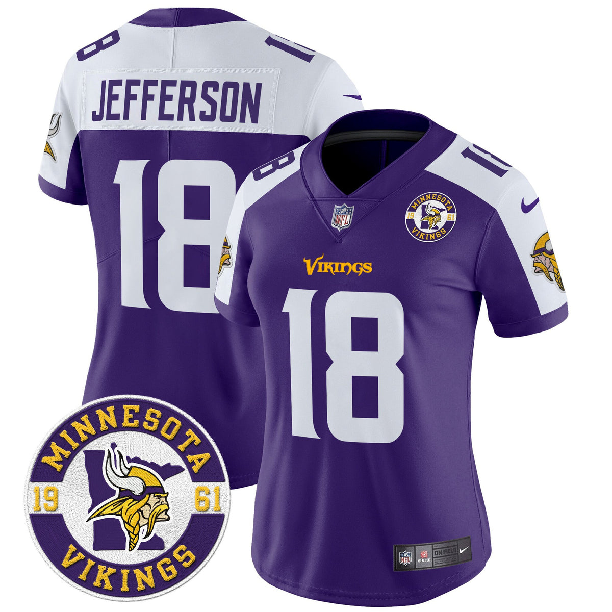 Women's Minnesota Vikings 2024 Vapor Limited Jersey V2 - Est. 1961 Patch - All Stitched - Purple Alternate - Justin Jefferson — view 1
