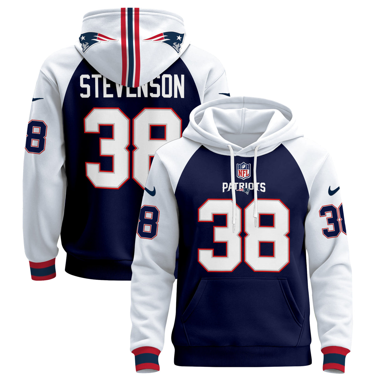 Men's New England Patriots 2024 Pullover Hoodie - All Stitched - Navy Alternate - Rhamondre Stevenson — view 1