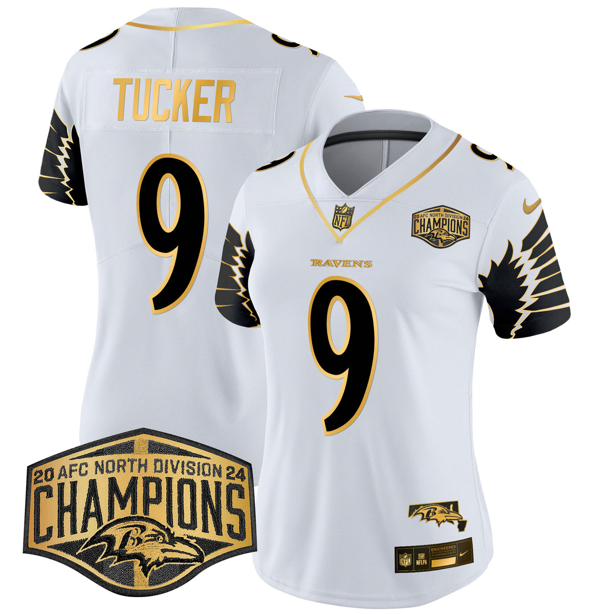 Women's Ravens Maryland 2024 AFC North Division Champions Patch Gold Vapor Limited Jersey - All Stitched - White Gold - Justin Tucker — view 1