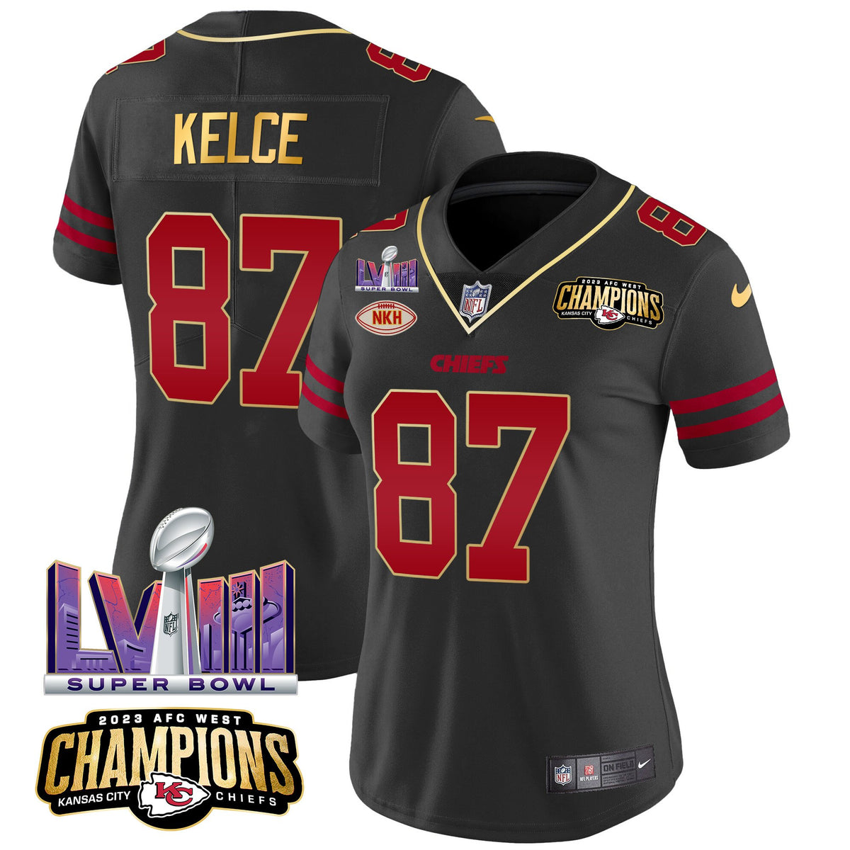 Women's Chiefs AFC West Champions & Super Bowl LVIII Patch Vapor Jersey - All Stitched - Gold Trim - Travis Kelce — view 1