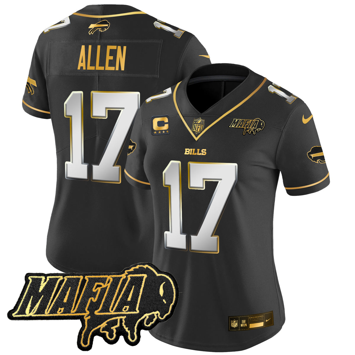 Women's Buffalo Bills 2025 Bills Mafia Patch Gold Vapor Limited Jersey - All Stitched - Black Limited - Josh Allen — view 1