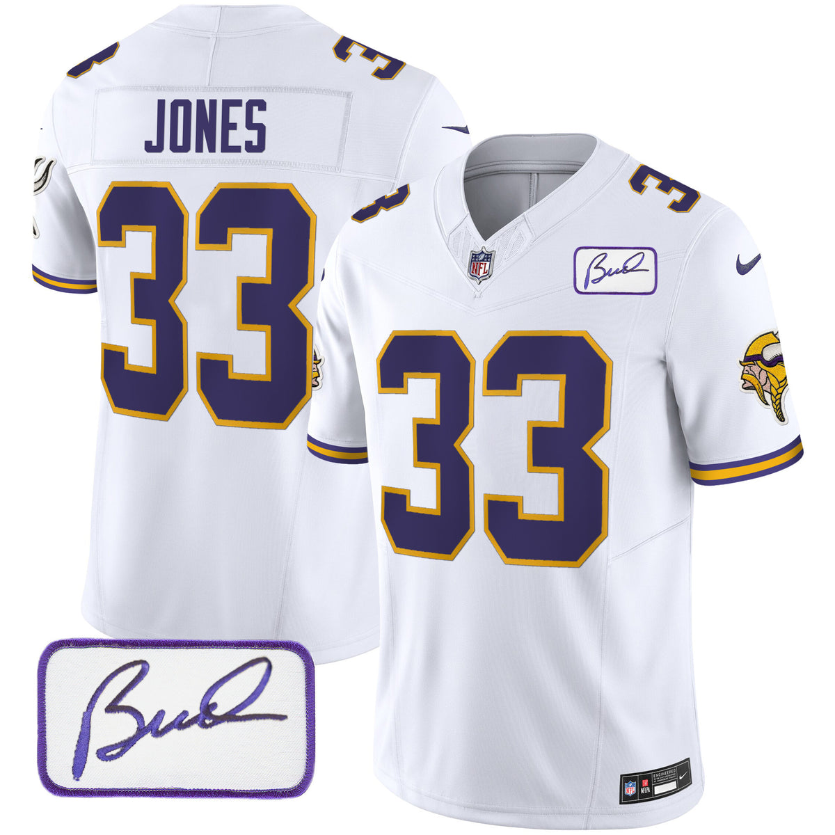 Men's Vikings Bud Grant Patch Classic Limited Jersey V3 - All Stitched - White - Aaron Jones — view 1