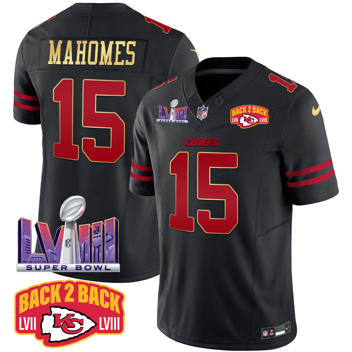 Men's Chiefs Super Bowl LVIII & Back 2 Back Patch Vapor Jersey - All Stitched - Gold Trim - Patrick Mahomes — view 1