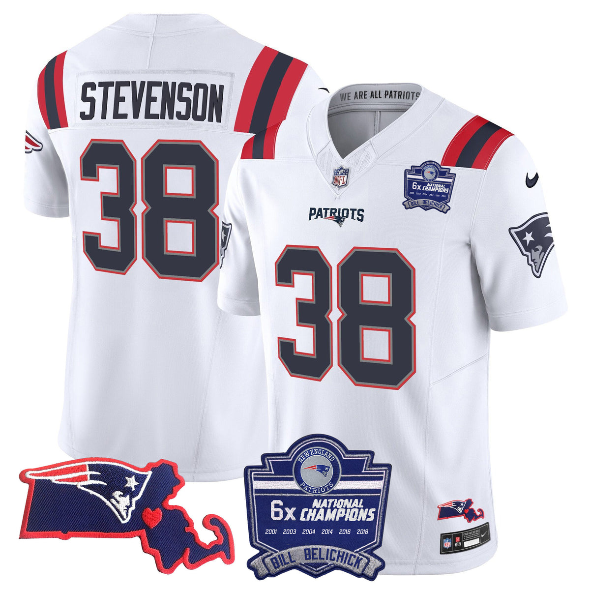 Women's Patriots Bill Belichick 6x Champions Patch Vapor Jersey - All Stitched - White - Rhamondre Stevenson — view 1