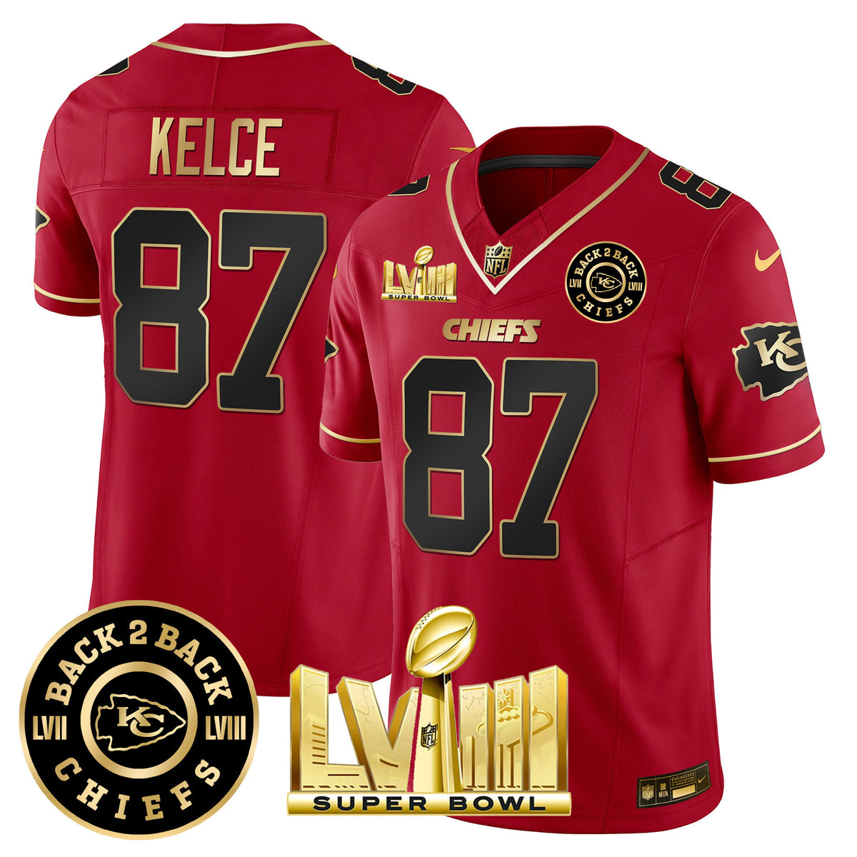 Men's Chiefs Super Bowl LVIII & Back 2 Back Patch Vapor Jersey V3 - All Stitched - Red Special - Travis Kelce — view 1