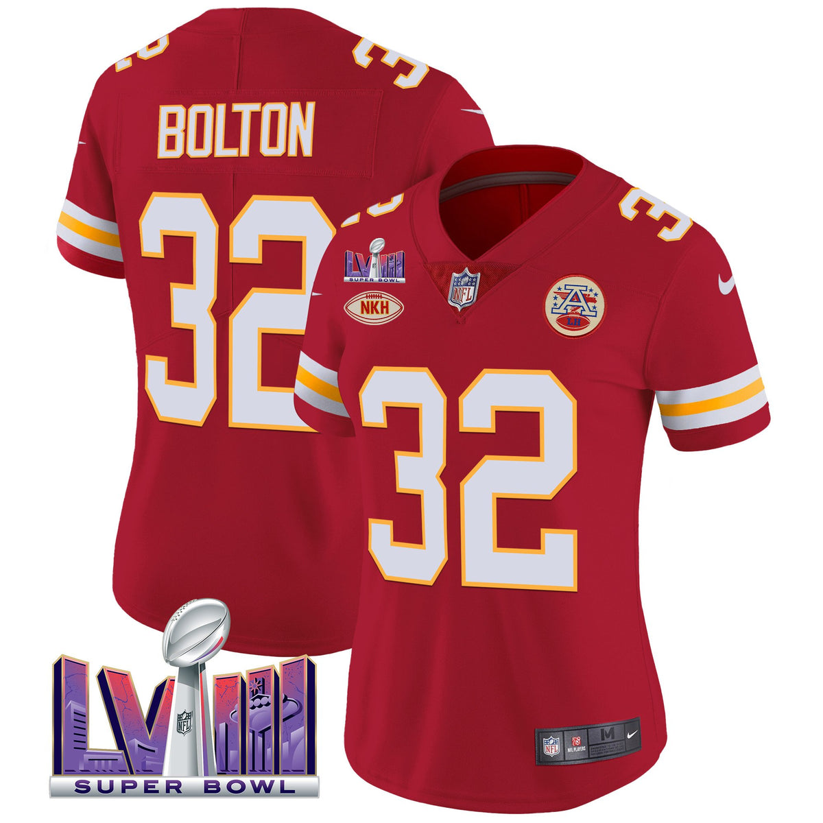 Women's Chiefs Super Bowl LVIII Patch Vapor Jersey V2- All Stitched - Red - Nick Bolton — view 1