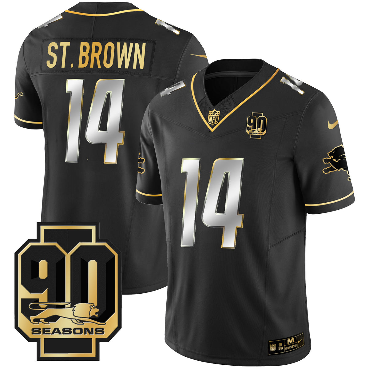 Men's Detroit Lions 90th Year Patch Gold Jersey - All Stitched - Black Limited - St. Brown — view 1