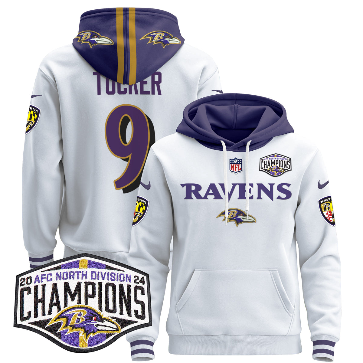 Men's Baltimore Ravens 2024 AFC North Division Champions Patch Pullover Hoodie - All Stitched - White - Justin Tucker — view 1