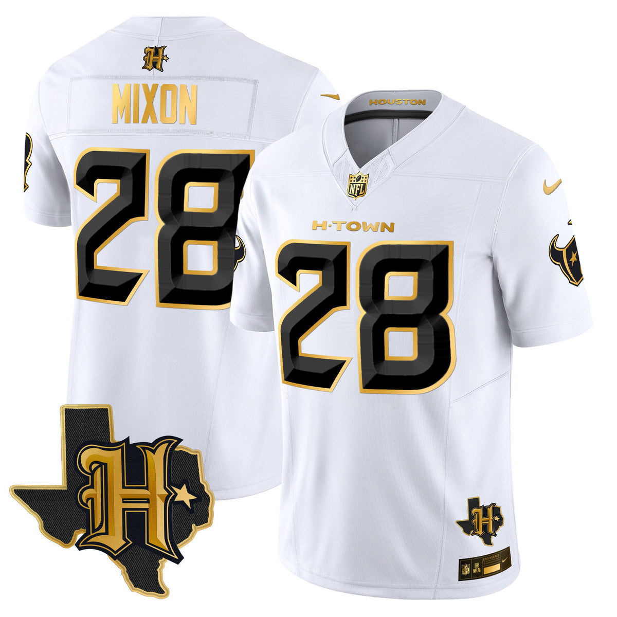 Men's Houston Texans 2024 Texas Patch Gold Vapor Limited Jersey - All Stitched - White Gold - Joe Mixon — view 1
