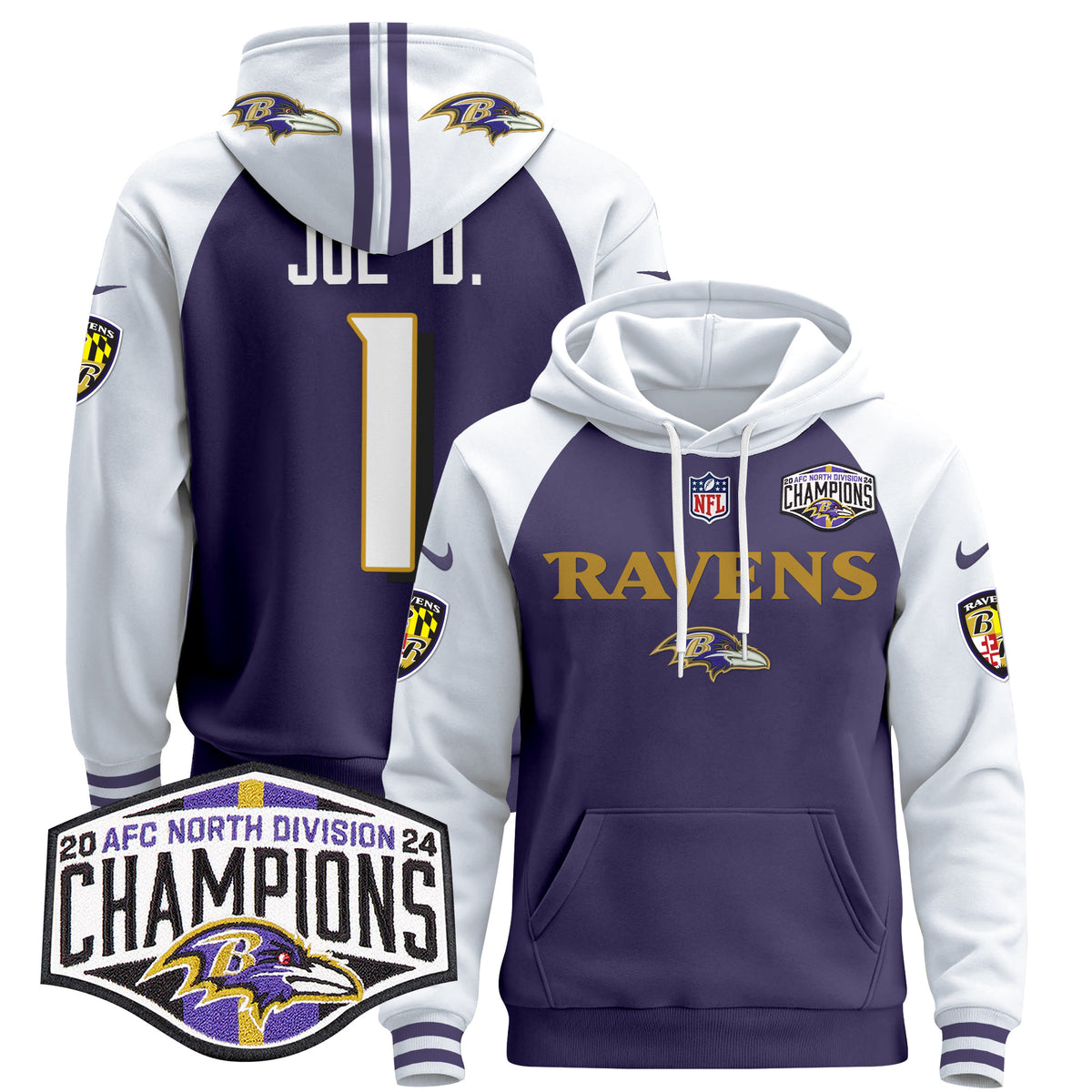 Men's Baltimore Ravens 2024 AFC North Division Champions Patch Pullover Hoodie - All Stitched - Purple Alternate - Joe D — view 1