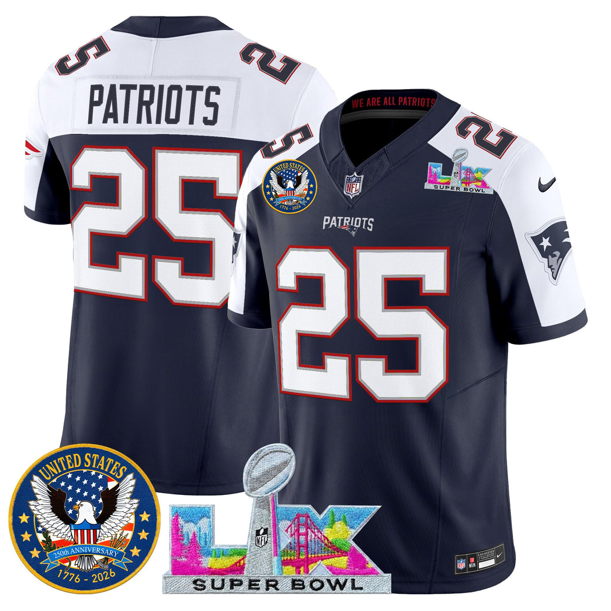 Men's New England Patriots Super Bowl LX & United States 250th Patch Vapor Limited Jersey - All Stitched - Navy Alternate - #25 Patriots — view 1