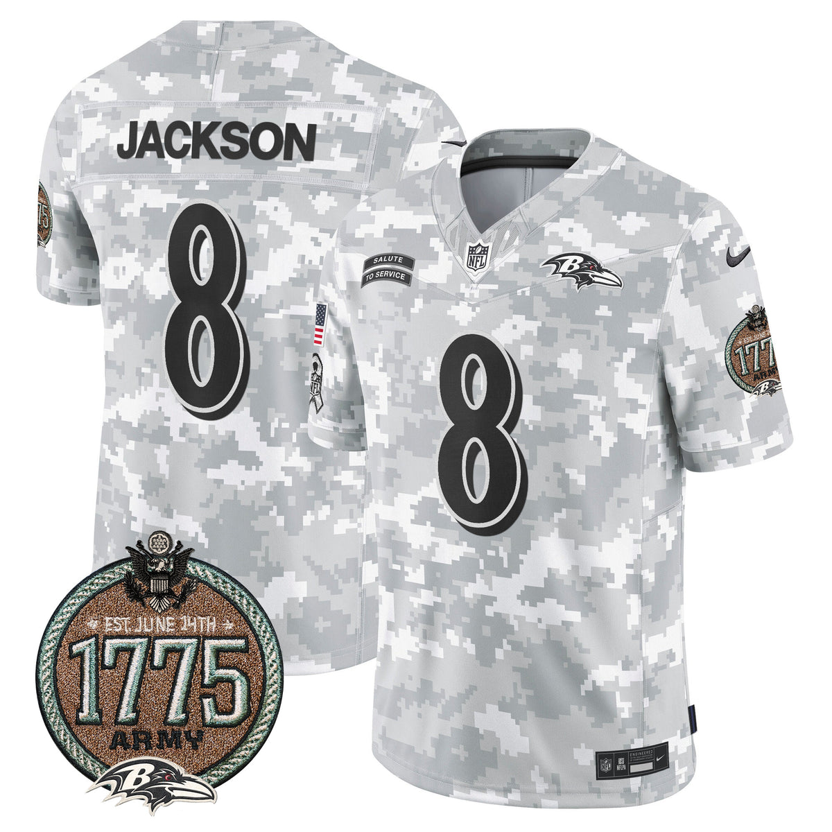 Men's Ravens 2024 Salute to Service Establishment Year Patch Vapor Limited Jersey - All Stitched - Army - Lamar Jackson — view 1