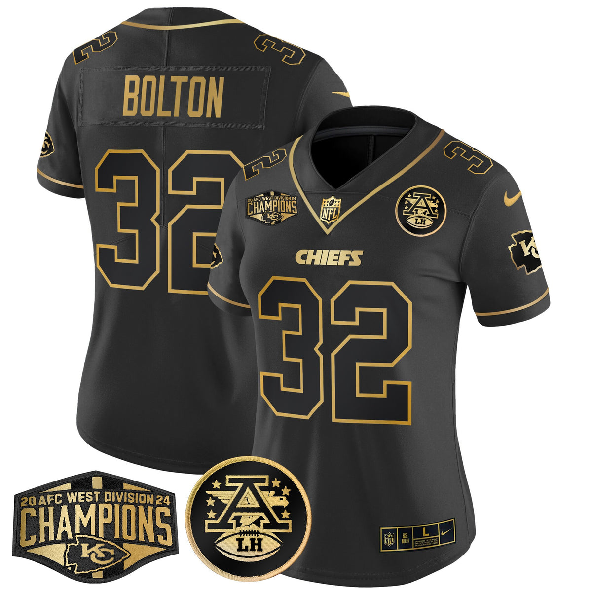 Women's Chiefs 2024 AFC West Division Champions Patch Gold Vapor Limited Jersey - All Stitched - Black Gold - Nick Bolton — view 1