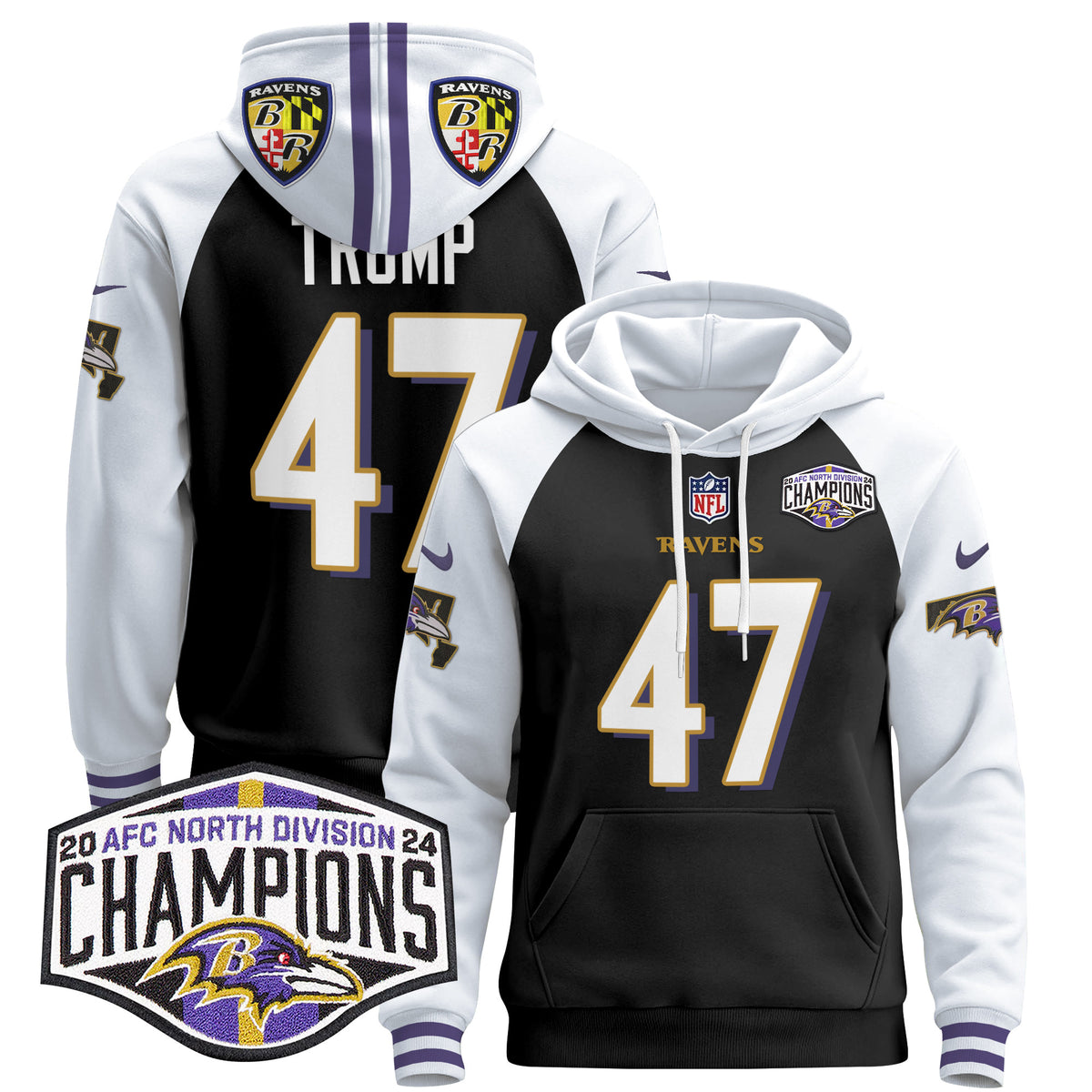 Men's Baltimore Ravens 2024 AFC North Division Champions Patch Pullover Hoodie V2 - All Stitched - Black Alternate - Donald Trump — view 1