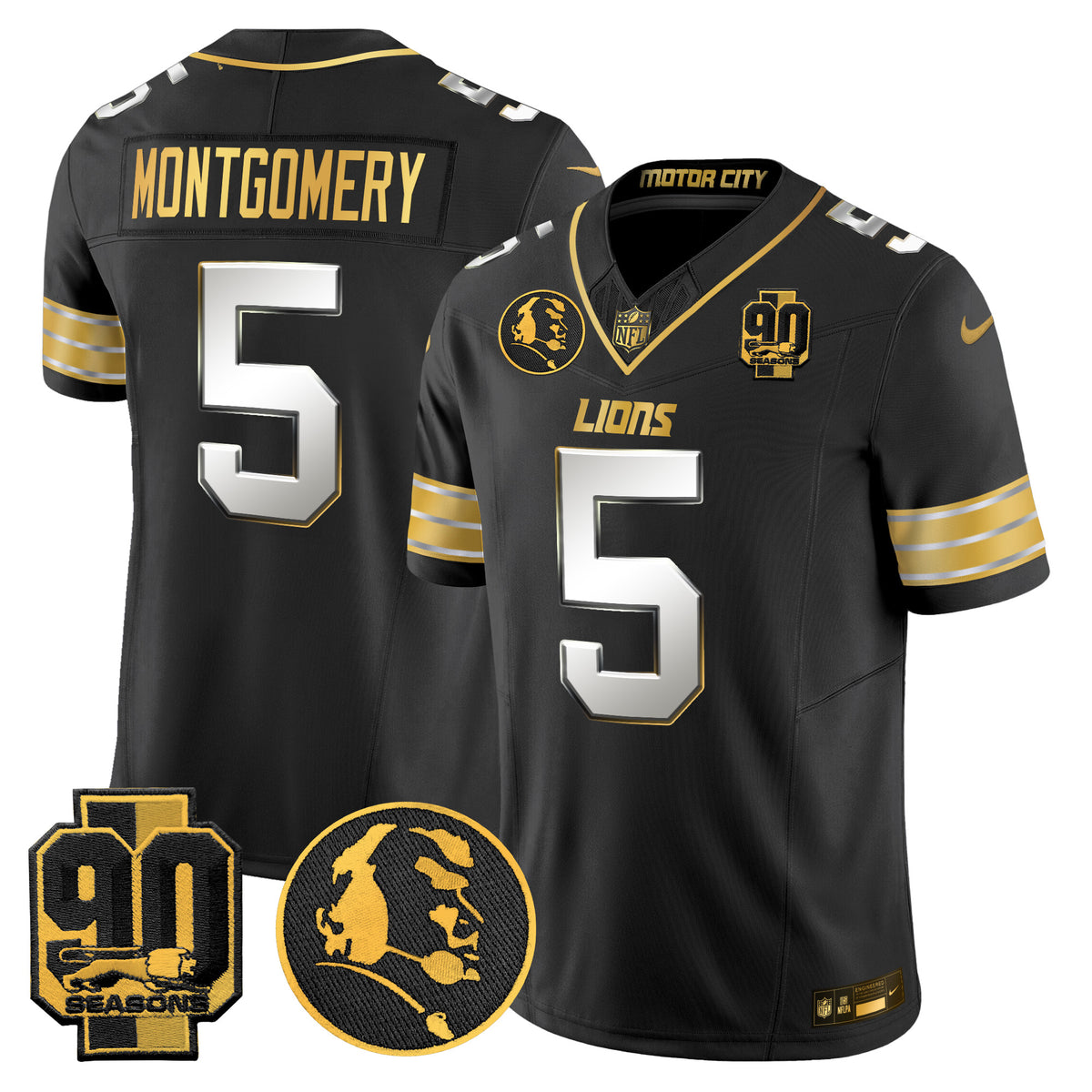 Men's Detroit Lions 2024 90th & John Madden Patch Gold Vapor Limited Jersey - All Stitched - Black Limited - David Montgomery — view 1