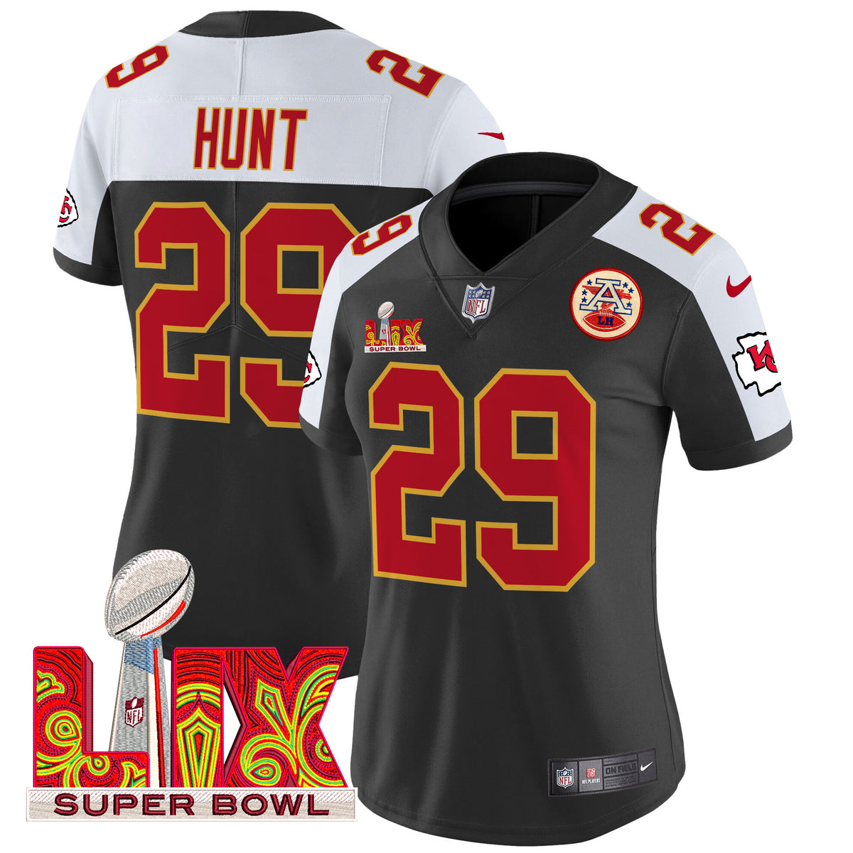 Women's Chiefs Super Bowl LIX Patch Vapor Limited Jersey - All Stitched - Black Alternate - Kareem Hunt — view 1