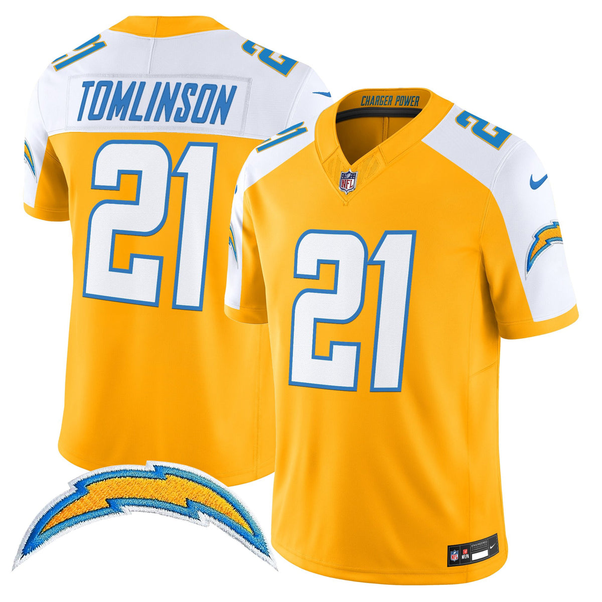 Men's Los Angeles Chargers 2025 Alternate Charger Power Vapor Limited Jersey - All Stitched - Gold Alternate - LaDainian Tomlinson — view 1