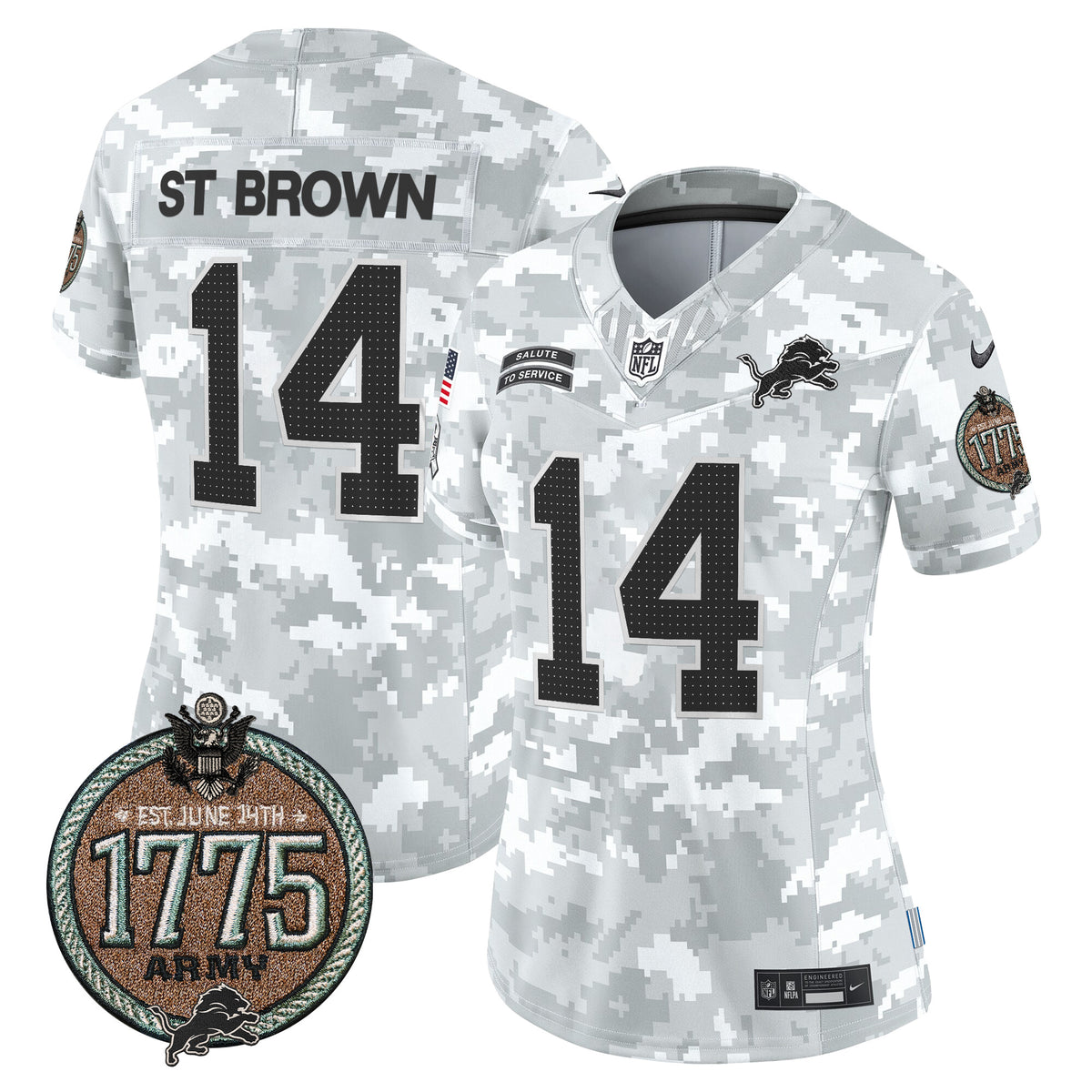 Women's Detroit Lions 2024 Salute to Service Establishment Year Patch Vapor Limited Jersey - All Stitched - Army - St. Brown — view 1