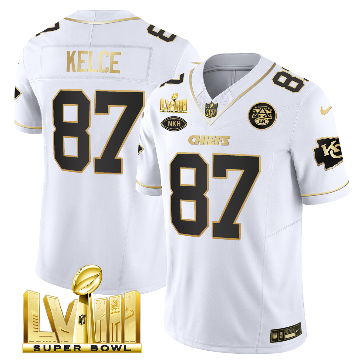 Men's Chiefs Super Bowl LVIII Gold Patch Vapor Jersey V3 - All Stitched - White Gold - Travis Kelce — view 1