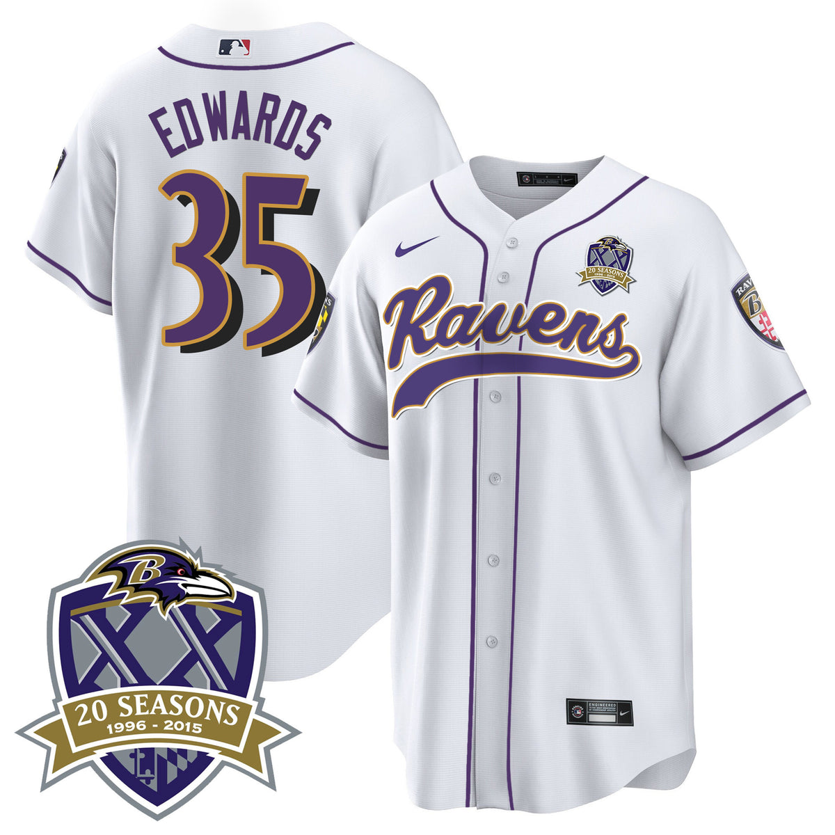 Men's Ravens 20th Season Patch Baseball Jersey - All Stitched - White - Gus Edwards — view 1