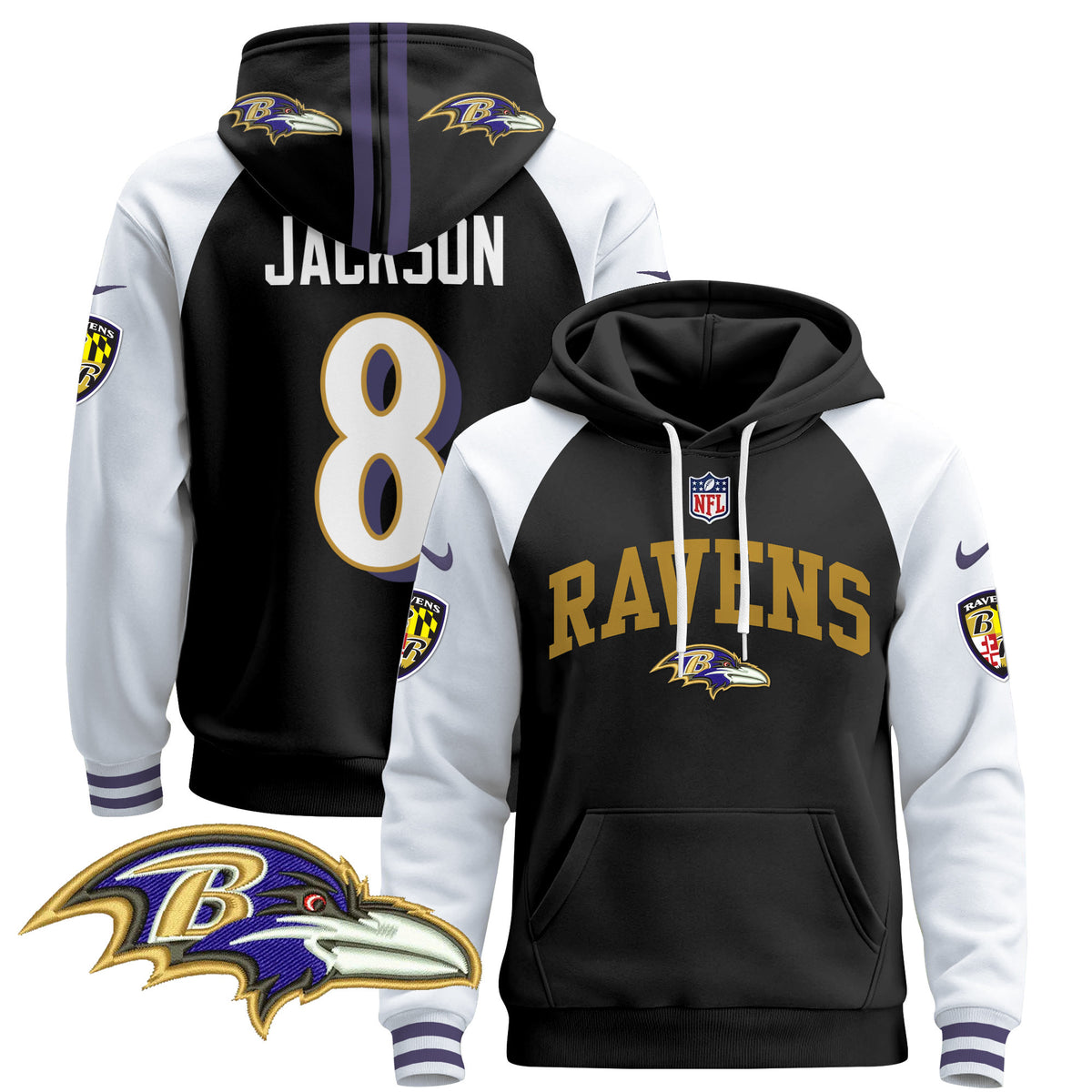 Men's Baltimore Ravens 2024 Pullover Hoodie V2 - All Stitched - Black Alternate - Lamar Jackson — view 1