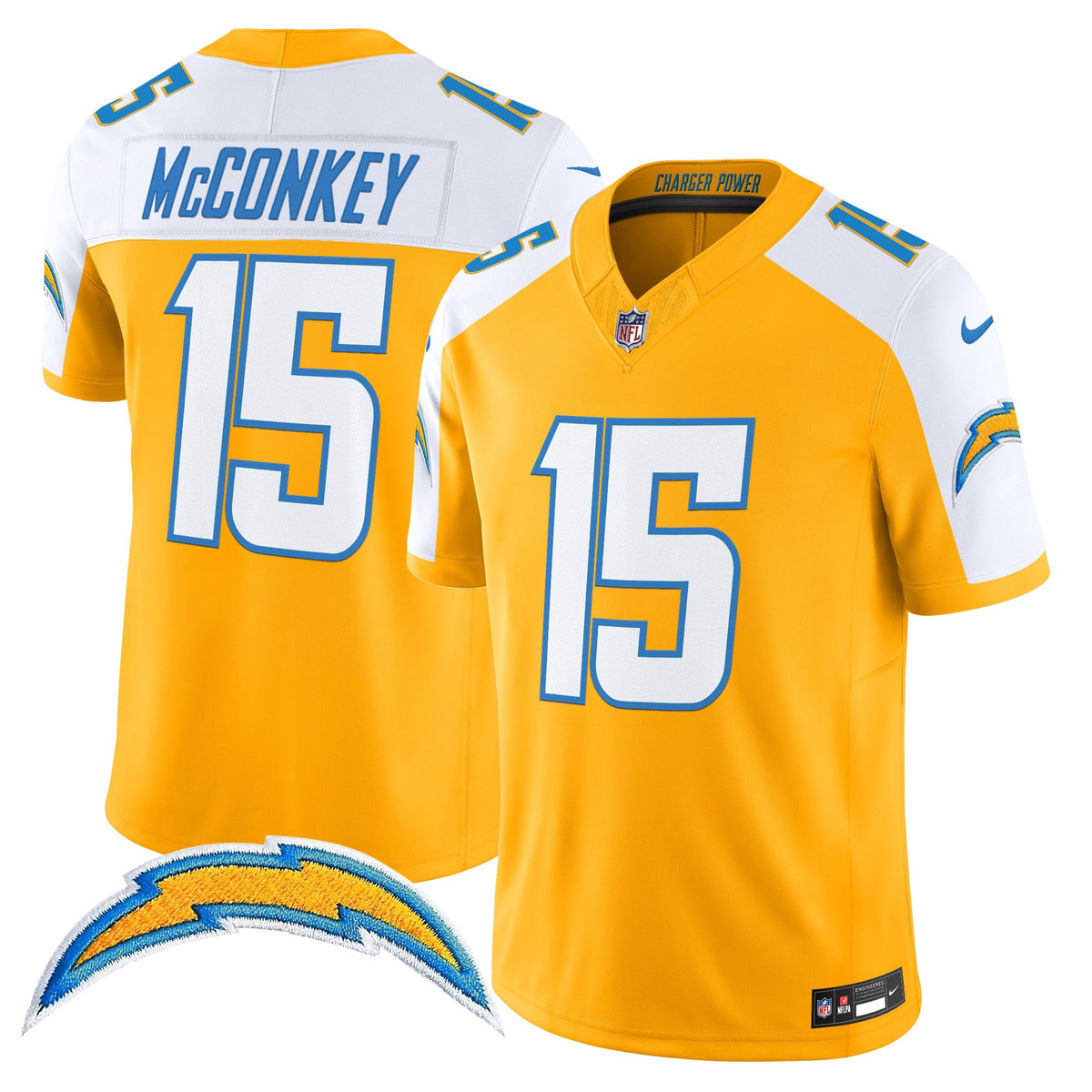 Men's Los Angeles Chargers 2025 Alternate Charger Power Vapor Limited Jersey - All Stitched - Gold Alternate - Ladd McConkey — view 1