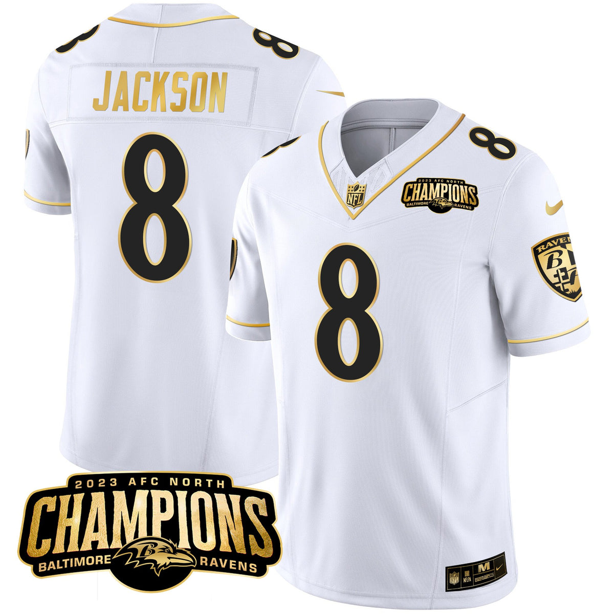 Men's Ravens 2023 AFC North Champions Patch Gold Vapor Jersey - All Stitched - White Gold - Lamar Jackson — view 1