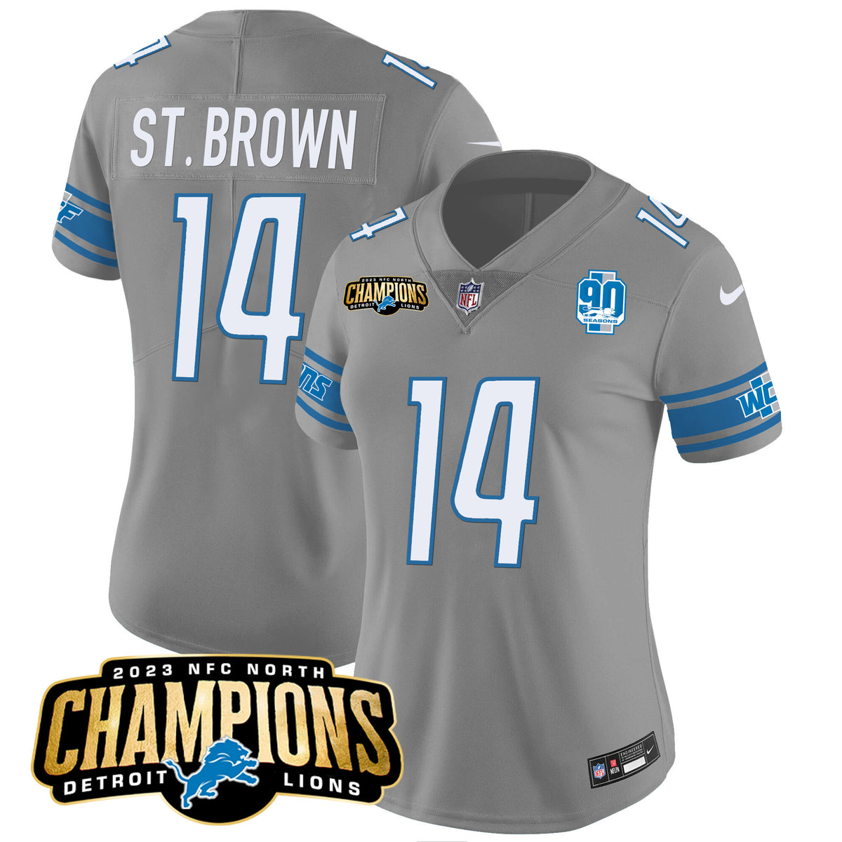 Women's Detroit Lions 2023 NFC North Champions Patch Vapor Jersey V2 - All Stitched - Gray - St. Brown — view 1