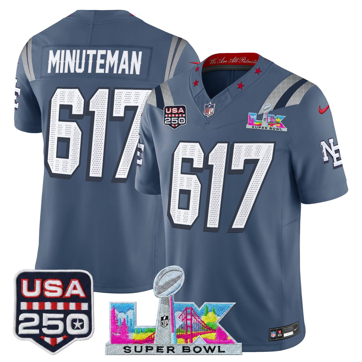 Men's New England Patriots Super Bowl LX & United States 250th Anniversary Patch Vapor Limited Jersey - All Stitched - Storm Blue - Minuteman 617 — view 1