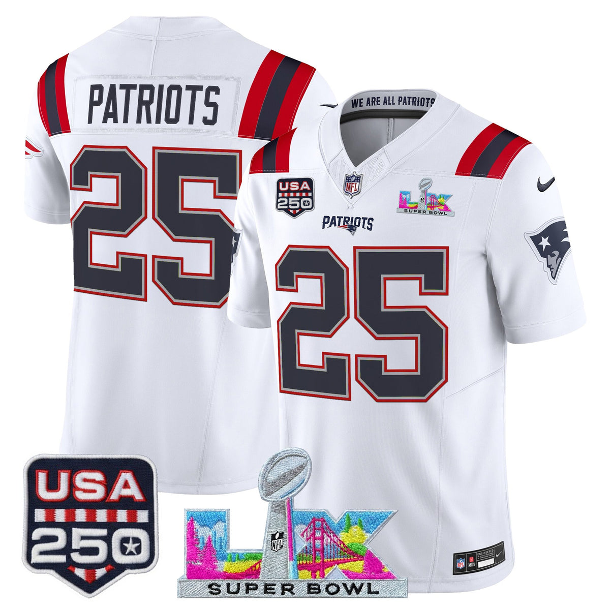 Men's New England Patriots Super Bowl LX & United States 250th Anniversary Patch Vapor Limited Jersey - All Stitched - White - #25 Patriots — view 1