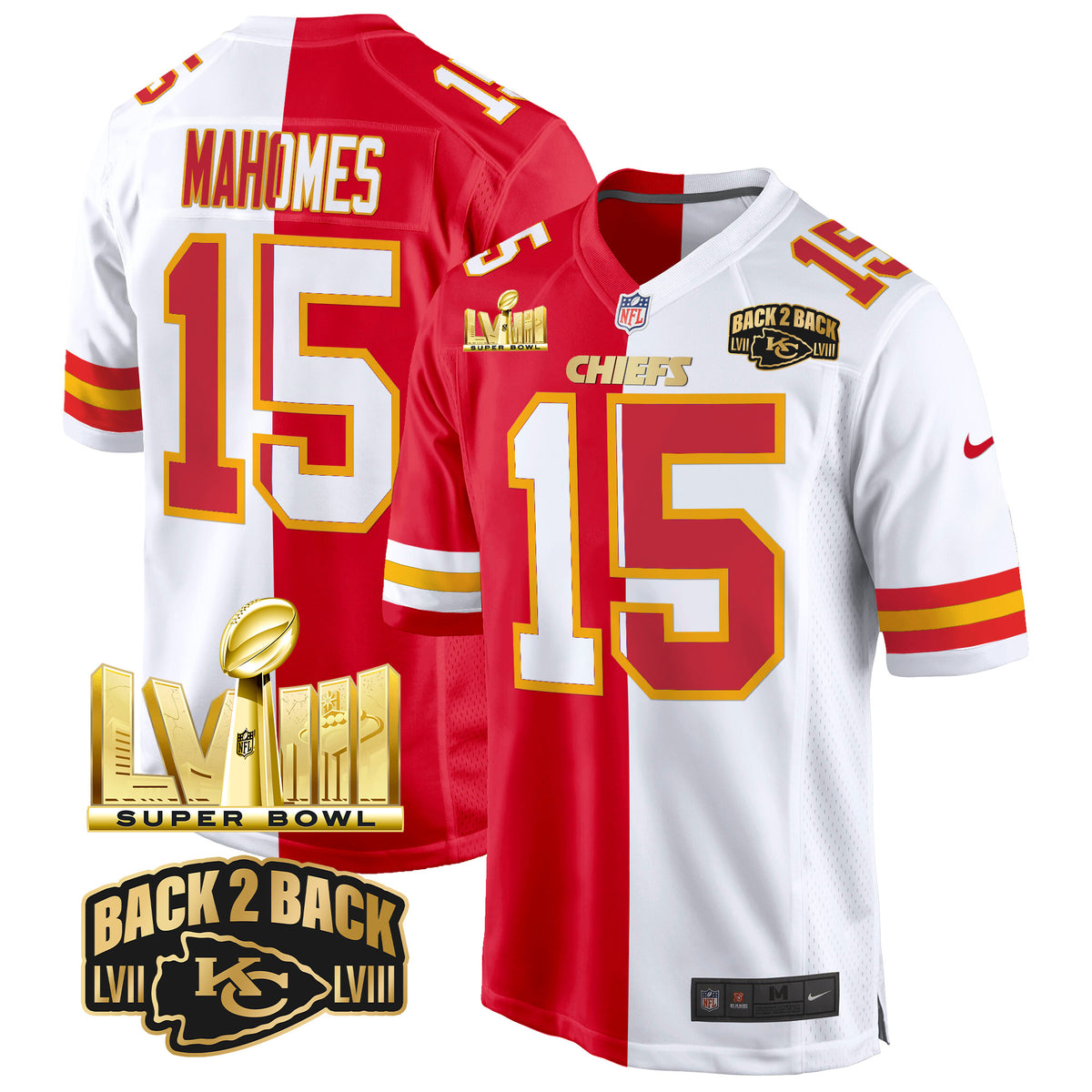 Men's Chiefs Super Bowl LVIII & Back 2 Back Gold Game Jersey - All Stitched - Split - Patrick Mahomes — view 1