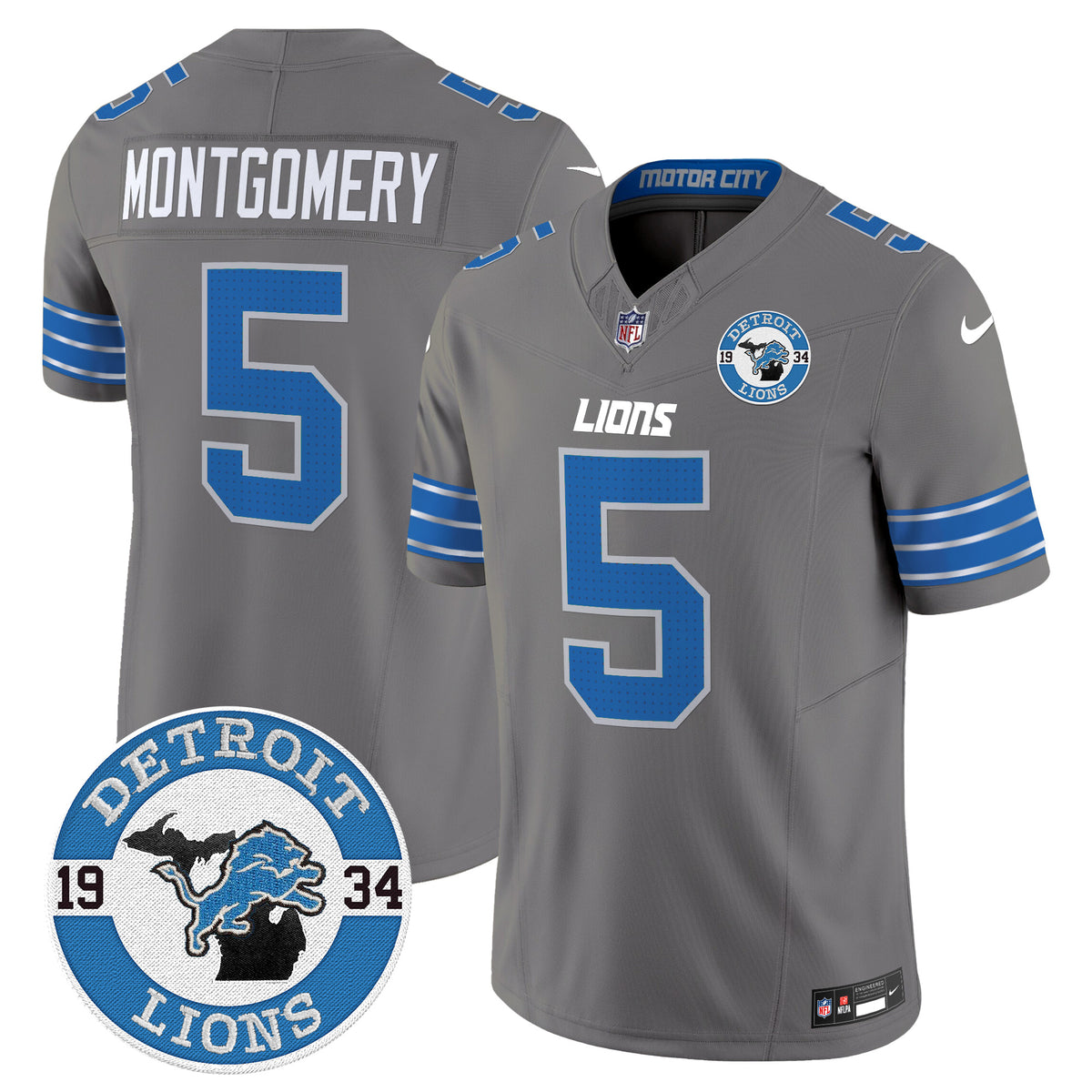 Men's Detroit Lions 2024 Vapor Limited Jersey - Est. 1934 Patch - All Stitched - Gray - David Montgomery — view 1
