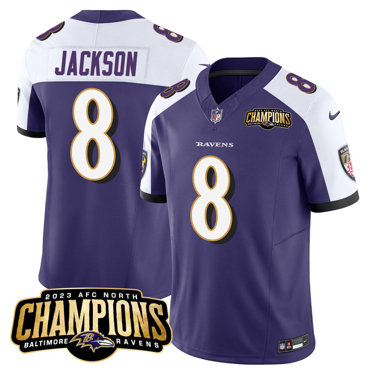 Men's Ravens 2023 AFC North Champions Patch Vapor Limited Jersey - All Stitched - Purple Alternate - Lamar Jackson — view 1