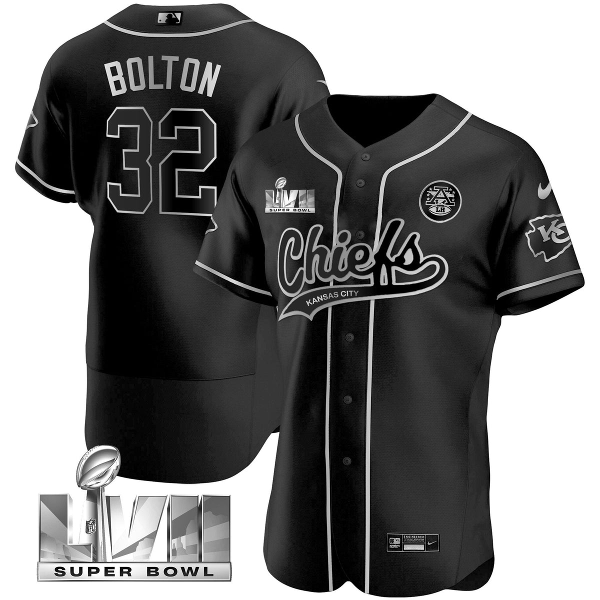 Men's Chiefs Super Bowl LVII Flex Base Jersey - All Stitched - Black Silver - Nick Bolton — view 1