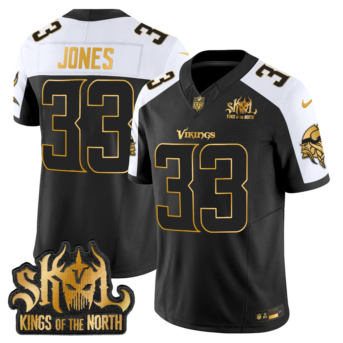 Men's Minnesota Vikings 2025 Gold Vapor Limited Jersey - Kings Of The North Patch - All Stitched - Alternate - Aaron Jones — view 1