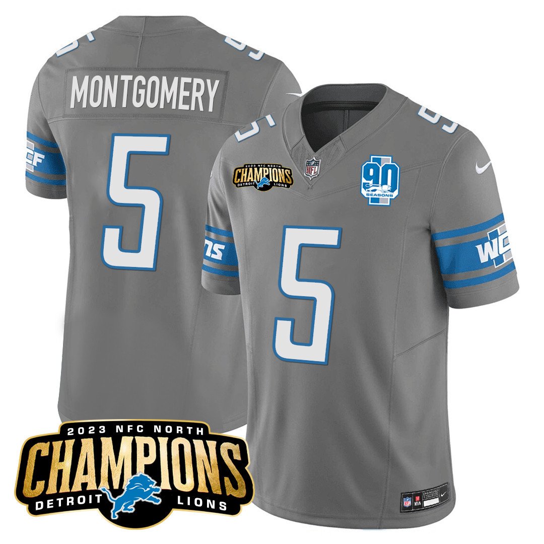 Men's Detroit Lions 2023 NFC North Champions Patch Vapor Jersey V2 - All Stitched - Gray - David Montgomery — view 1
