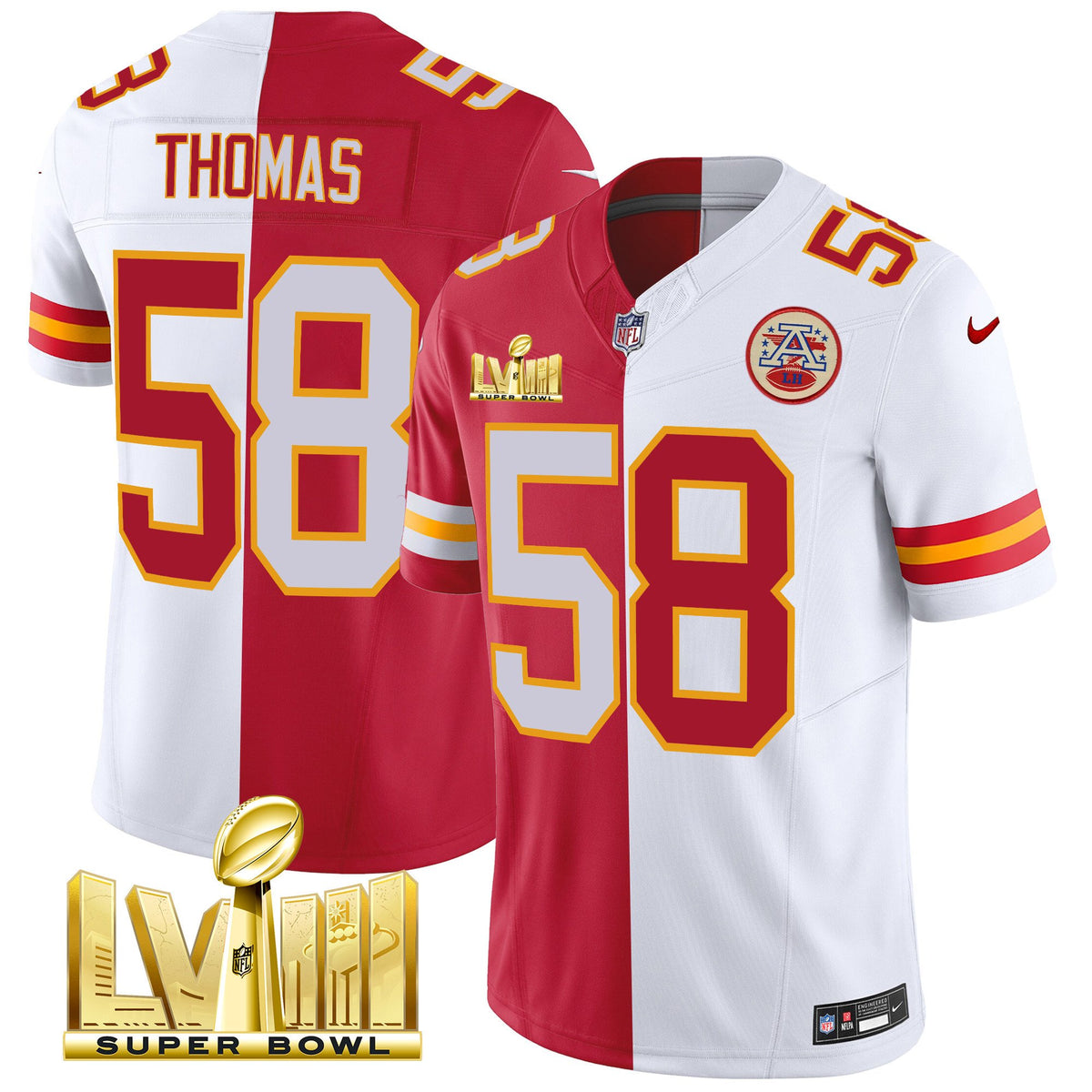 Men's Chiefs Super Bowl LVIII Gold Patch Vapor Jersey V4 - All Stitched - Split - Derrick Thomas — view 1