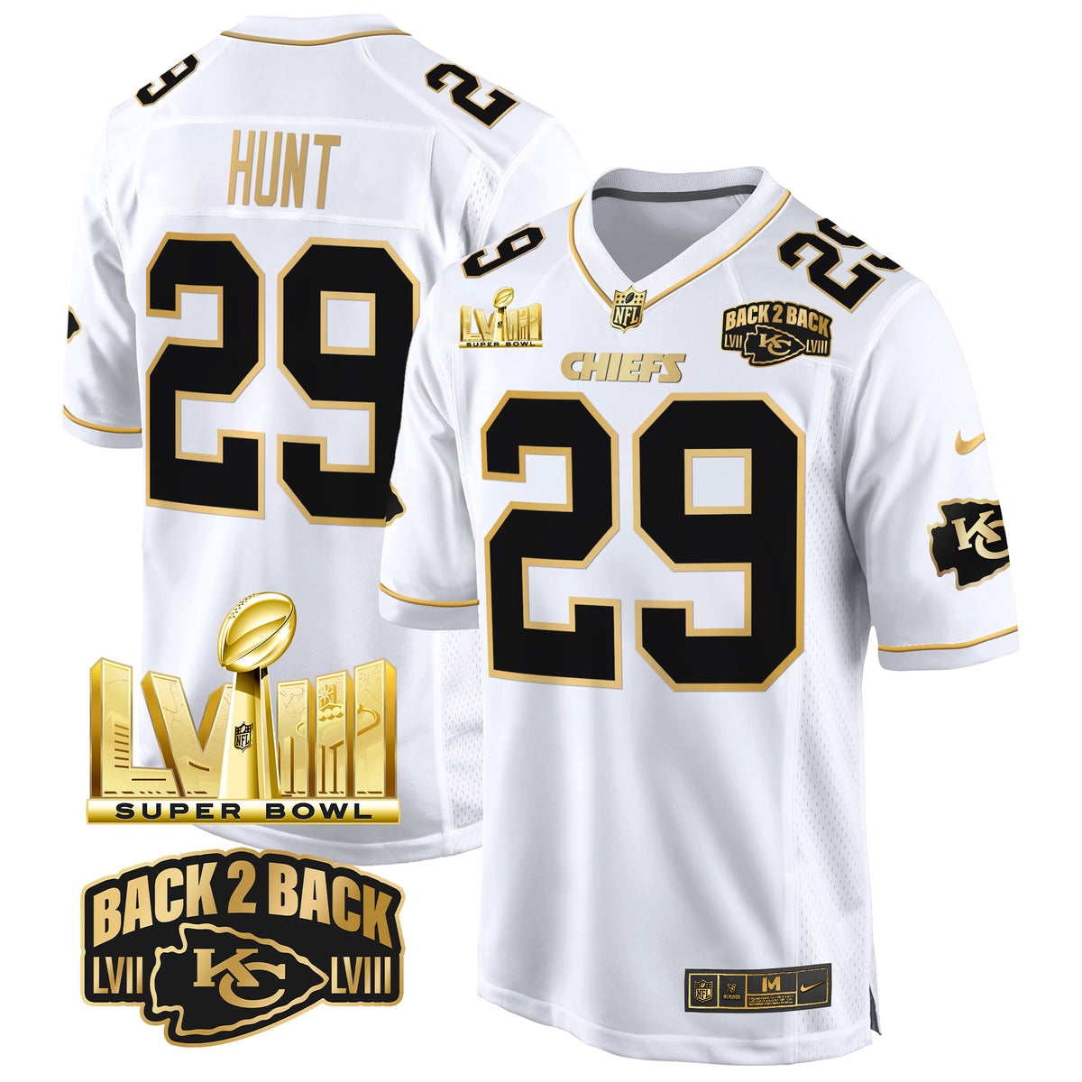 Men's Chiefs Super Bowl LVIII & Back 2 Back Gold Game Jersey - All Stitched - White Gold - Kareem Hunt — view 1